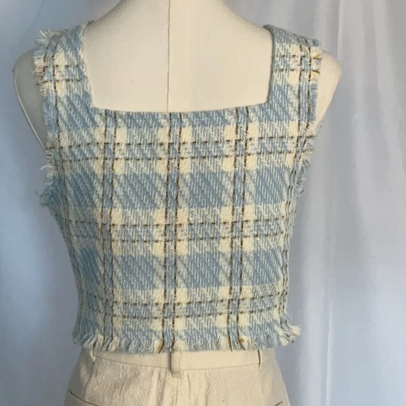 endless rose soft blue & white tweed cropped tank w/fringe top size M - Picture 2 of 4